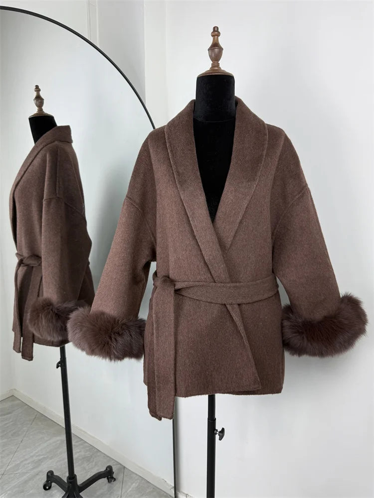 Tossy Fox Fur Wool Overcoat Women's Short Coat Office Lady Elegant Double-side Loose Wool