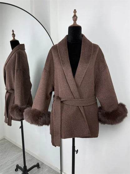 Tossy Fox Fur Wool Overcoat Women's Short Coat Office Lady Elegant Double-side Loose Wool