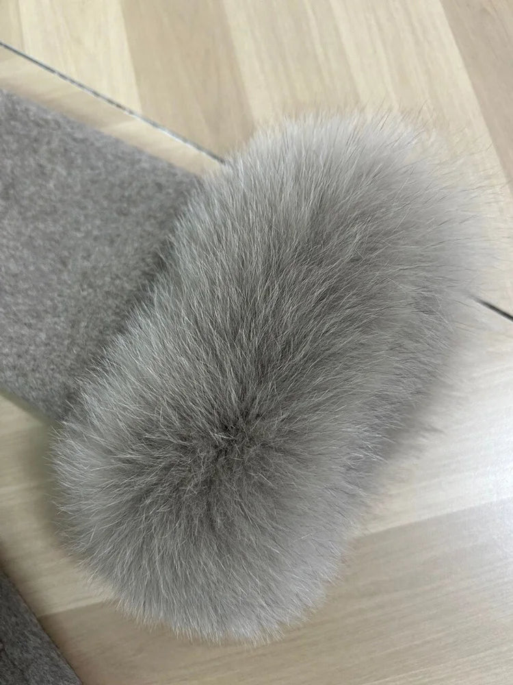 Tossy Fox Fur Wool Overcoat Women's Short Coat Office Lady Elegant Double-side Loose Wool