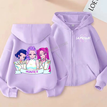 KPop Demon Hunters Zipper Hoodie Cartoon Girls Coat Fashion Thin Clothes Purple Autumn Hoodie Jacket Kids Anime Sweatshirt Gift