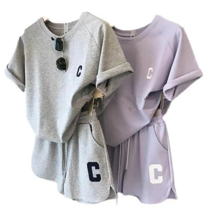 Women Tracksuit C Letter Print Short Sleeve T-shirt Drawstring Shorts Sport Suit Lady Exercise T-shirt Shorts Two-piece Suit
