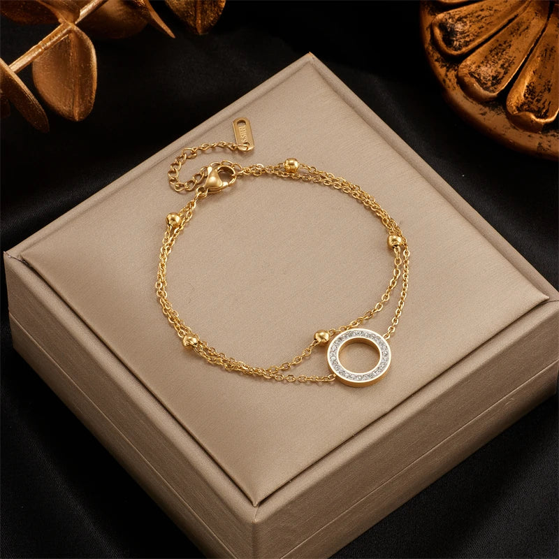 MEYRROYU 316 Stainless Steel Vintage Green Stone Heart Tassel Multilayer Charm Bracelet for Women Wedding Jewelry Beach брелок