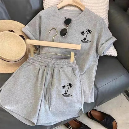 Women Tracksuit C Letter Print Short Sleeve T-shirt Drawstring Shorts Sport Suit Lady Exercise T-shirt Shorts Two-piece Suit