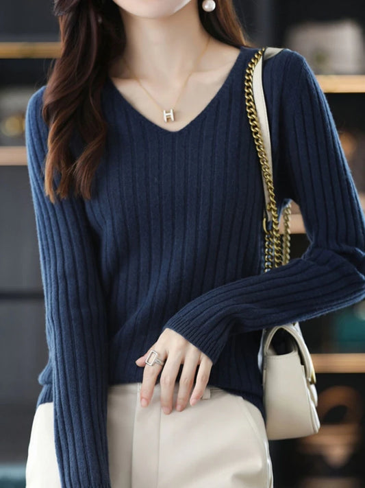 Women Sweater Long Sleeve Top Knitted Pullover V-Neck