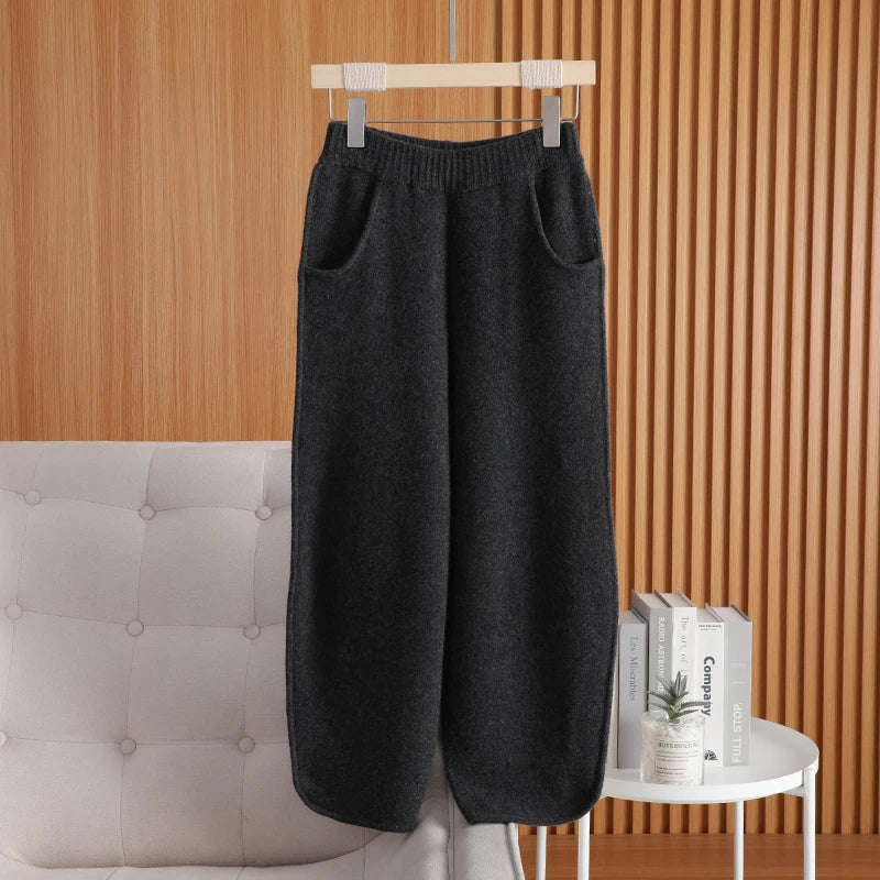 100% Wool Pants For AutumnWinter Warm French Fashion Solid Color Elastic waist pocket knitted Pants