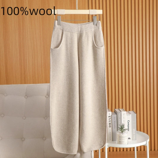 100% Wool Pants For AutumnWinter Warm French Fashion Solid Color Elastic waist pocket knitted Pants