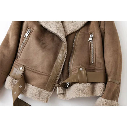 Faux Shearling Sheepskin Leather Jackets Lady Thick Warm Suede Lambs Motorcycle Brown Coats Mujer Chaqueta