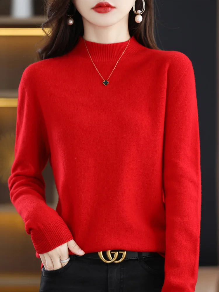 100% Merino Wool Sweater Mock-Neck Cashmere Pullover Long Sleeve