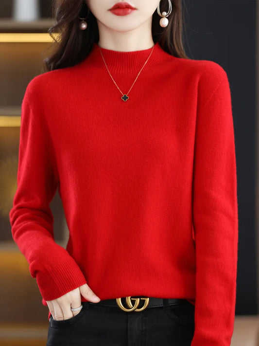 100% Merino Wool Sweater Mock-Neck Cashmere Pullover Long Sleeve