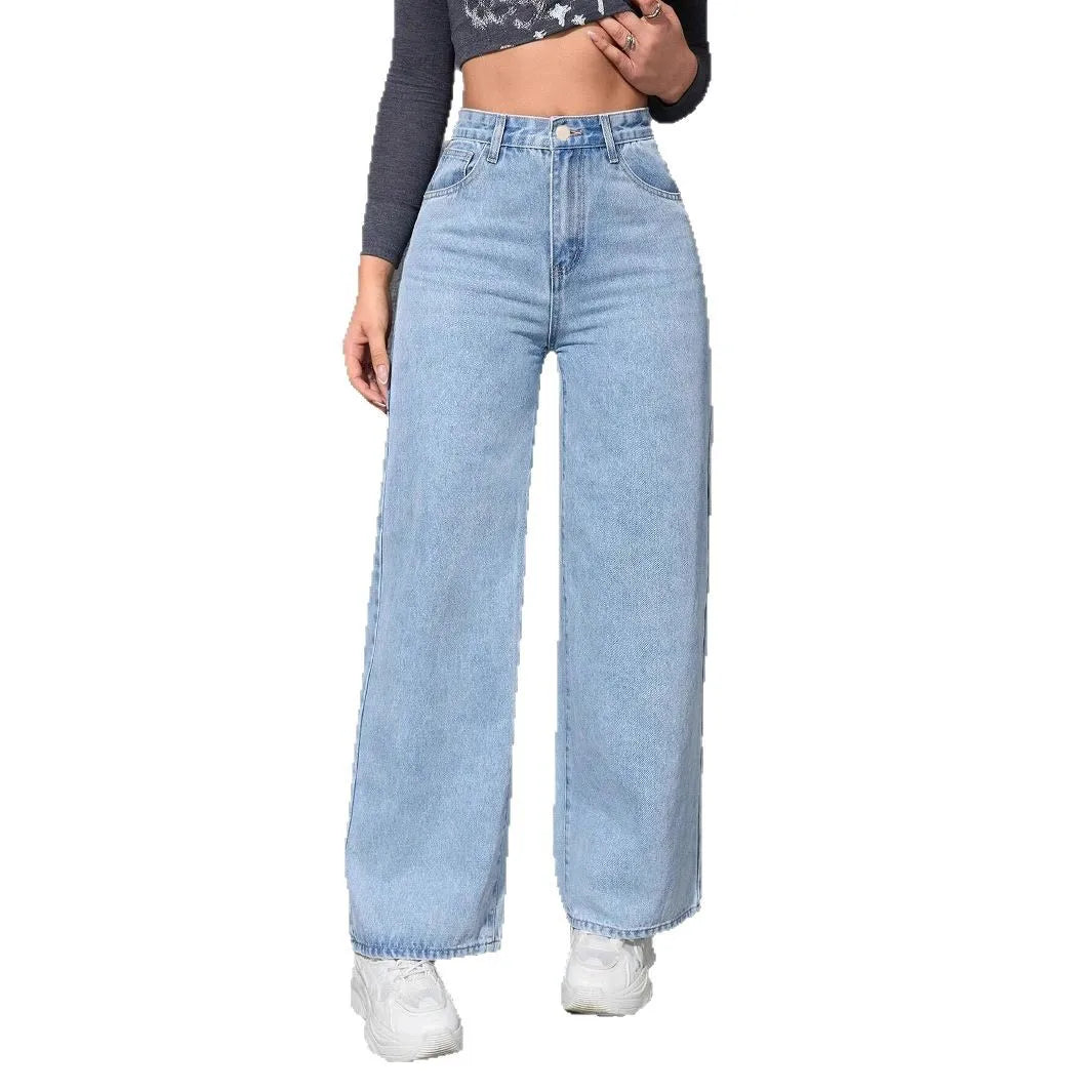 Jeans Women Vintage Wide Leg Pants Denims High Waist Washed Distressed Basics Straight Trousers Streetwear Floor Length