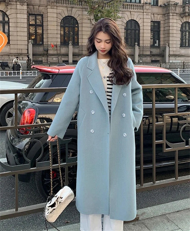 100% Wool Coat Women's Temperament Double sided Cashmere Coats with Belt Elegant Long Overcoat