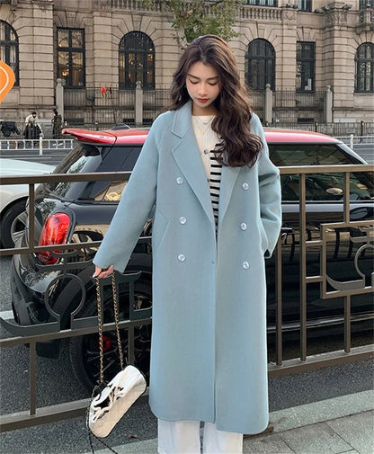 100% Wool Coat Women's Temperament Double sided Cashmere Coats with Belt Elegant Long Overcoat