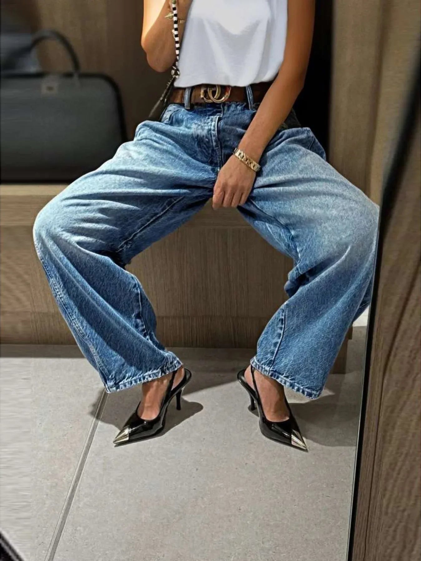 High Waist Wide Leg Jeans Casual Washed Denim Elastic