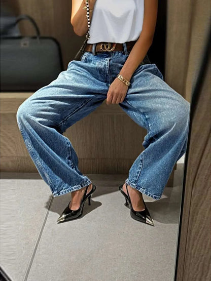 High Waist Wide Leg Jeans Casual Washed Denim Elastic