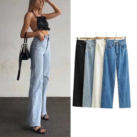 Women's High Waist Jeans Spring Fall Relaxed Straight Leg Raw Hem Floor-Length Vintage Inspired Daily Uniform