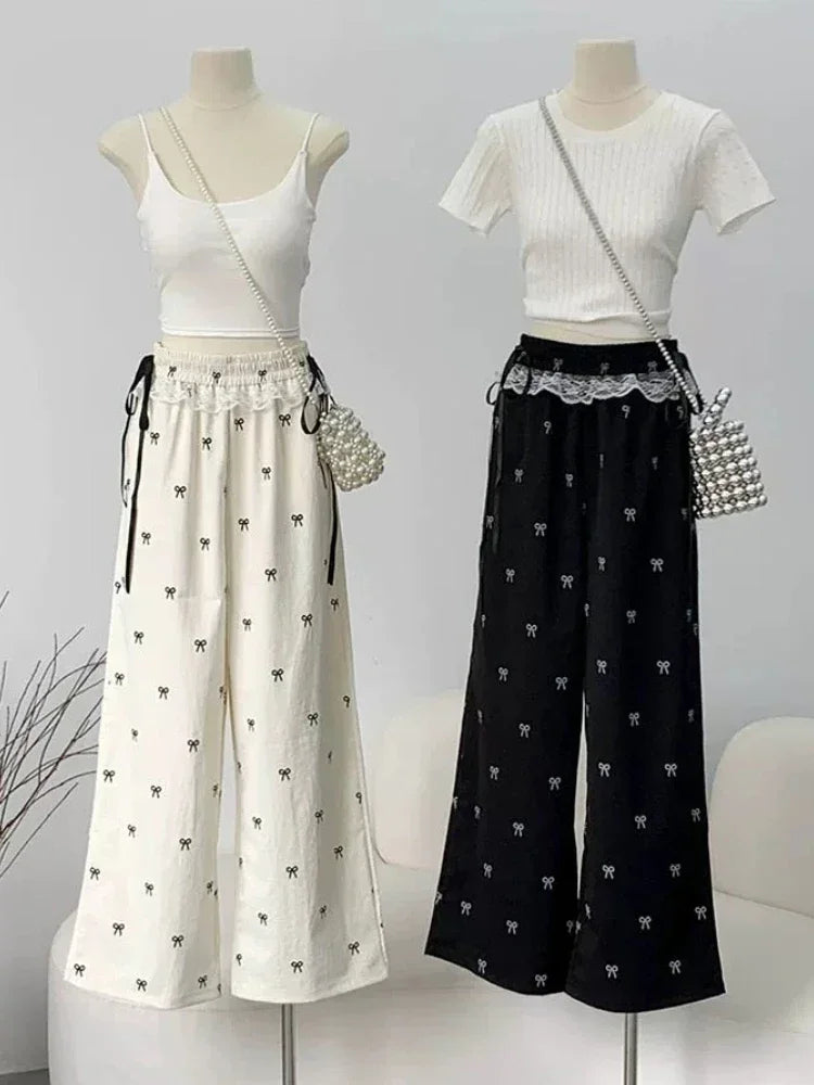 Baggy Sweet Bow Elastic Waist Aesthetic Versatile Jogger Wide Leg Pantalones Mujer