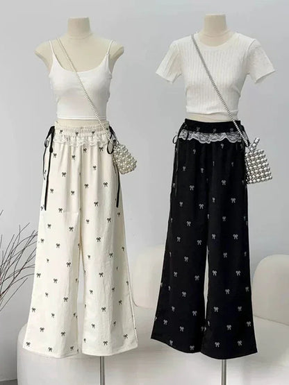 Baggy Sweet Bow Elastic Waist Aesthetic Versatile Jogger Wide Leg Pantalones Mujer