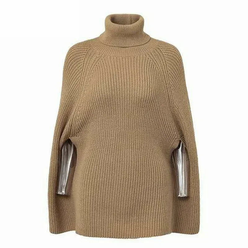 Batwing Knitted Tops Loose Oversize Sweater Korean Women Cloak Poncho Female Sexy Turtleneck Sweaters Khaki