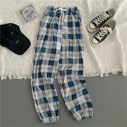 Korean Loose Black Plaid Harajuku Students Harem Long Pants Streetwear Trousers Chic