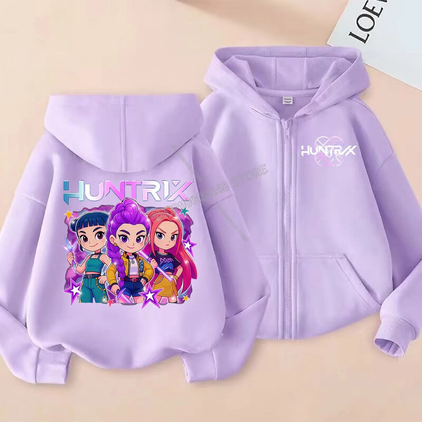 KPop Demon Hunters Zipper Hoodie Cartoon Girls Coat Fashion Thin Clothes Purple Autumn Hoodie Jacket Kids Anime Sweatshirt Gift