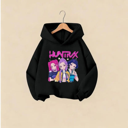 KPOP Hunters Huntrix Girl Fashion Clothes Kids Hoodie Cute Character Print With Star Casual Hooded Sweatshirt Boys Girls Costume