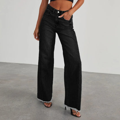 High-waisted Straight-leg Furred Jeans, Women's New Fashion High-waisted Wide-leg Pants