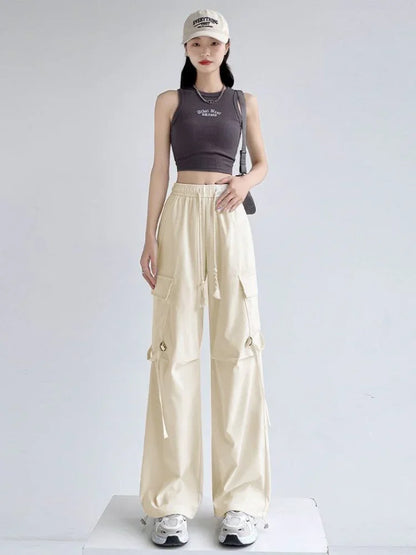 Cargo Pants for Women with Pockets Pink Loose Woman Trousers Wide Leg Spring Autumn Cotton Vintage Elastic Casual All Medium 90s