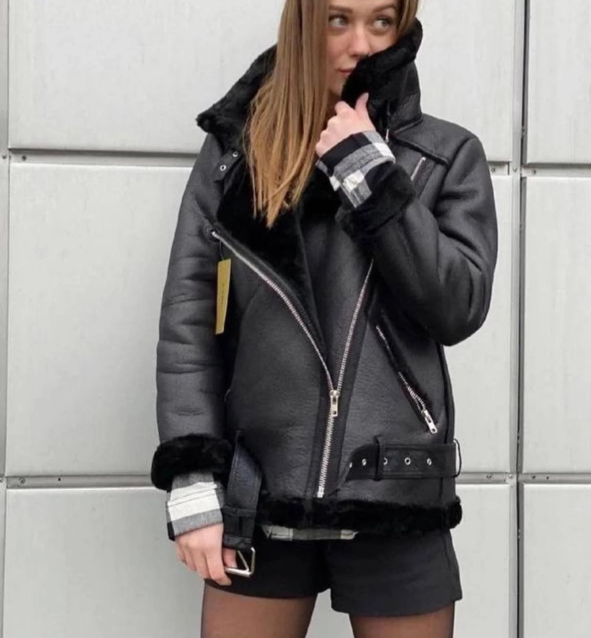 Faux Fur Jacket with Belt Streetwear Female Moto Biker Loose Thicken