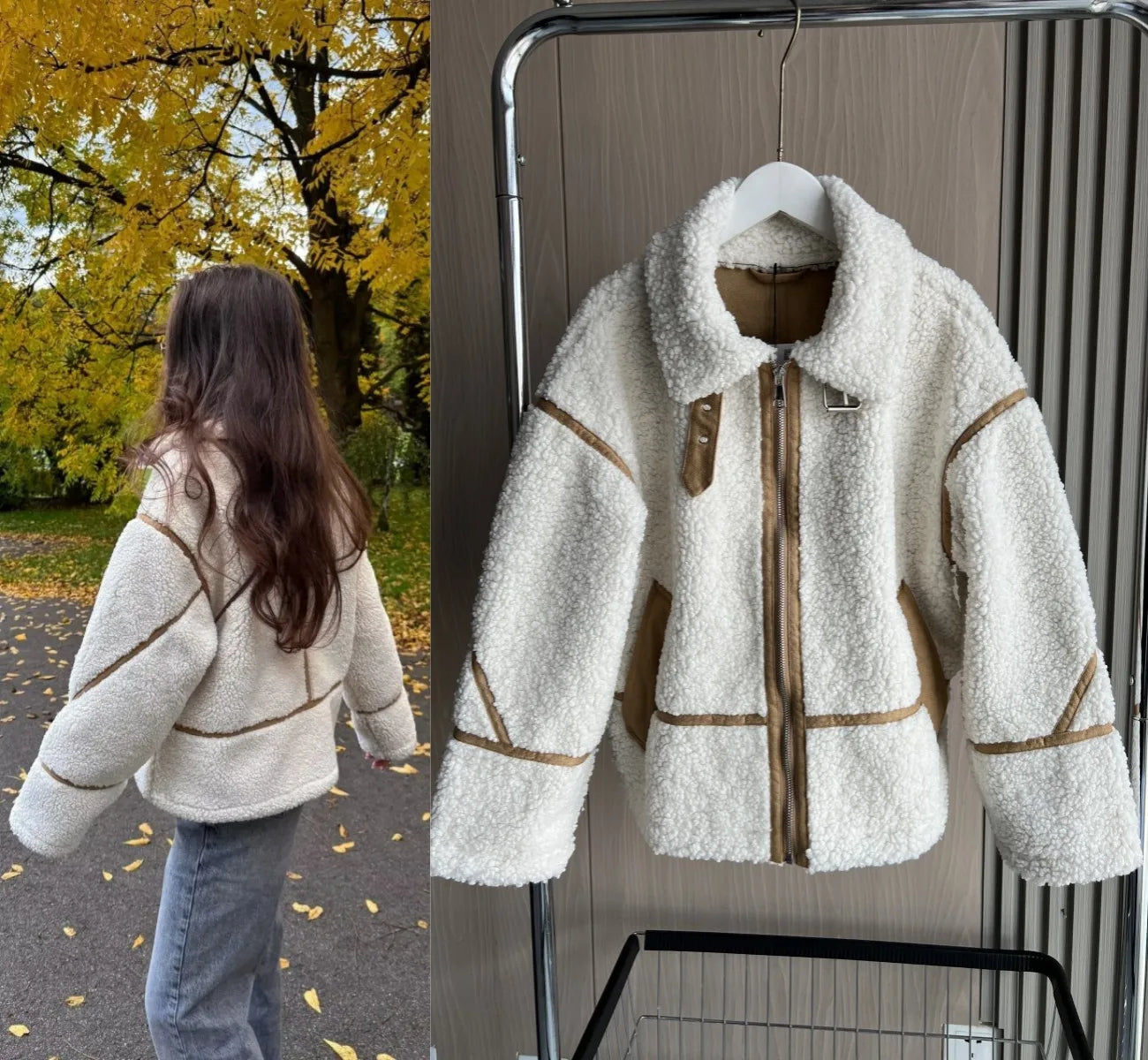 Shearling Coat Reversible Long Sleeve Stand-up Collar