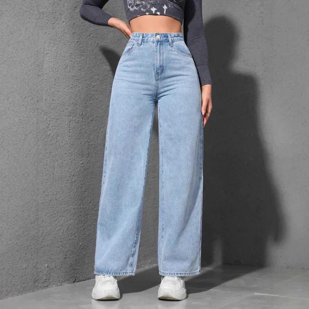 Jeans Women Vintage Wide Leg Pants Denims High Waist Washed Distressed Basics Straight Trousers Streetwear Floor Length