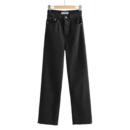 Women's High Waist Jeans Spring Fall Relaxed Straight Leg Raw Hem Floor-Length Vintage Inspired Daily Uniform