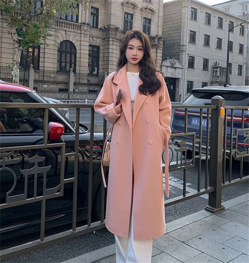 100% Wool Coat Women's Temperament Double sided Cashmere Coats with Belt Elegant Long Overcoat