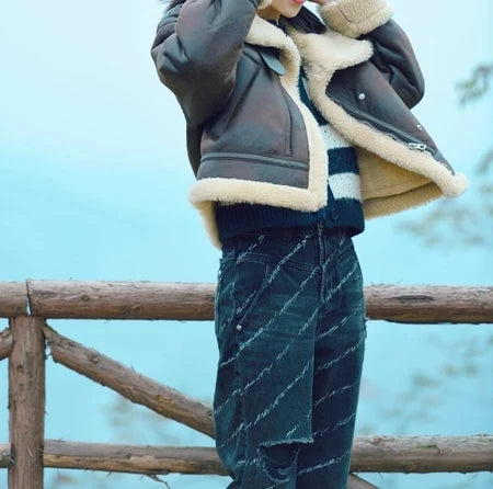 Faux Lamb Fur Short Jacket Vintage Female Moto Biker Zipper Thick Warm Coat Fleece Outwear