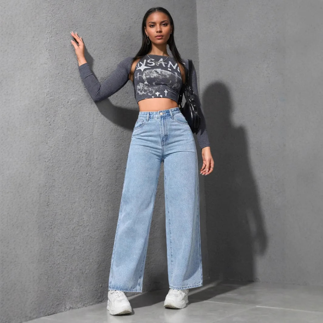 Jeans Women Vintage Wide Leg Pants Denims High Waist Washed Distressed Basics Straight Trousers Streetwear Floor Length