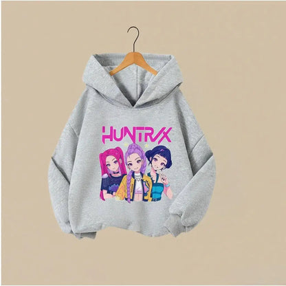 KPOP Hunters Huntrix Girl Fashion Clothes Kids Hoodie Cute Character Print With Star Casual Hooded Sweatshirt Boys Girls Costume