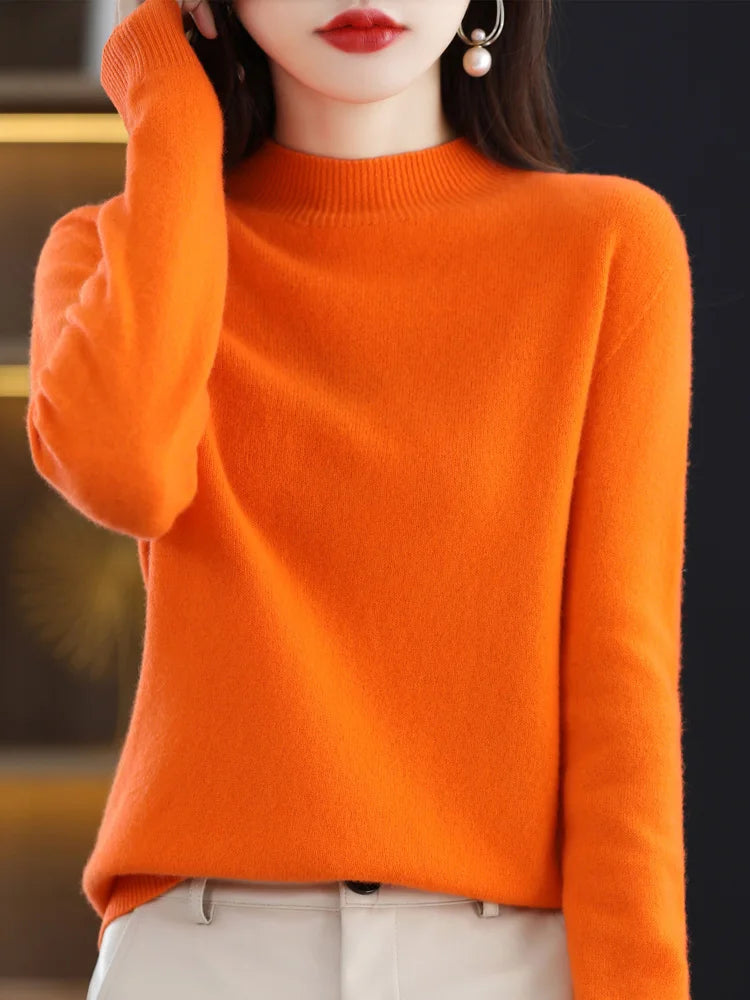 100% Merino Wool Sweater Mock-Neck Cashmere Pullover Long Sleeve