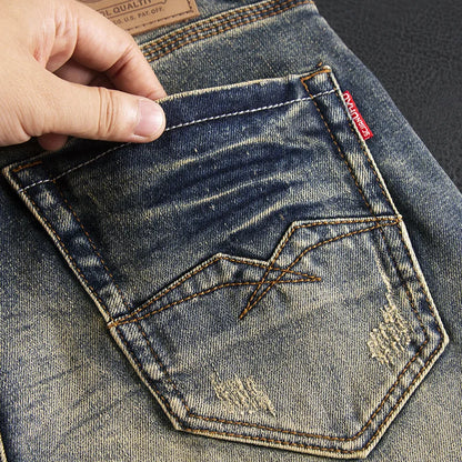 High end jeans for men, American retro nostalgic washed slim fit, small straight tube elastic autumn and winter trendy pants