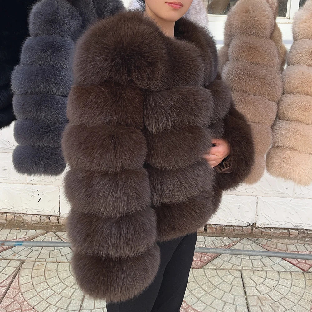 100% Fox Fur Coat Women's Fashion Brown
