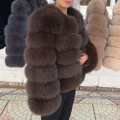 100% Fox Fur Coat Women's Fashion Brown
