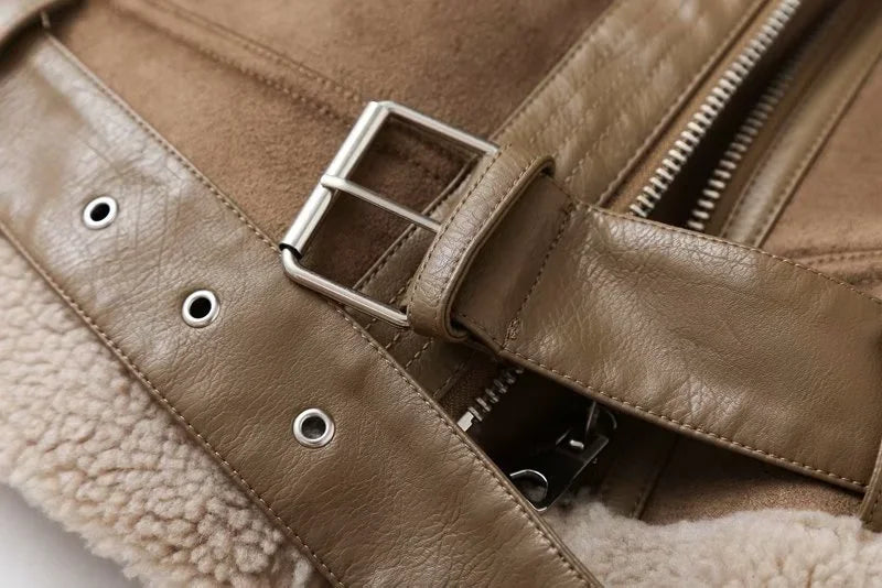 Faux Shearling Sheepskin Leather Jackets Lady Thick Warm Suede Lambs Motorcycle Brown Coats Mujer Chaqueta