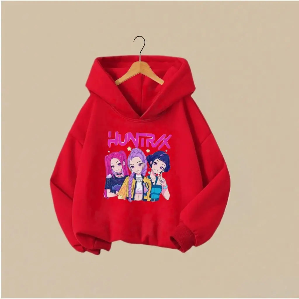 KPOP Hunters Huntrix Girl Fashion Clothes Kids Hoodie Cute Character Print With Star Casual Hooded Sweatshirt Boys Girls Costume