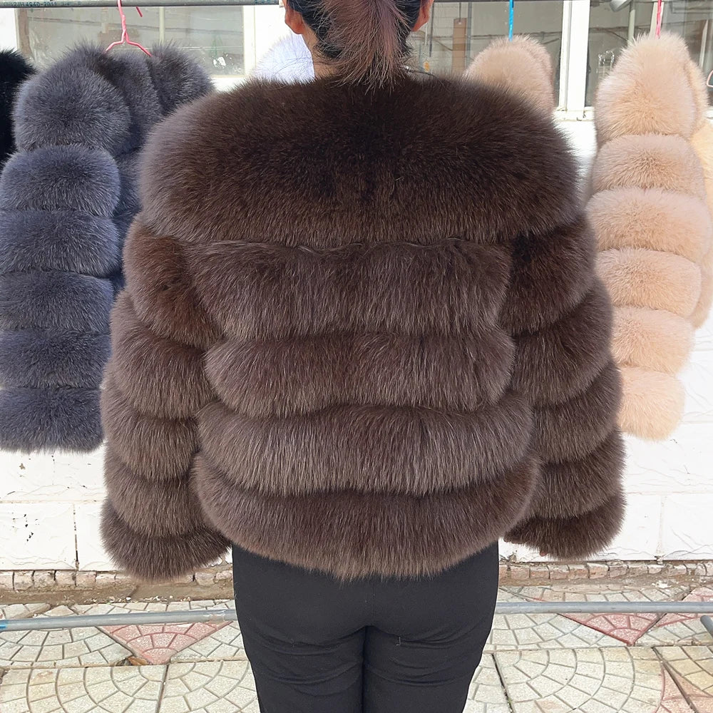 100% Fox Fur Coat Women's Fashion Brown