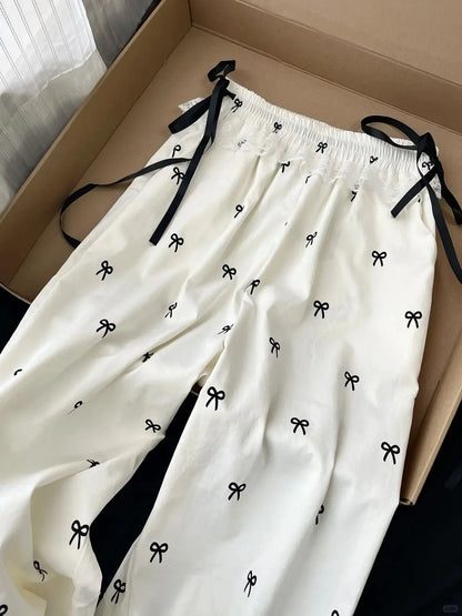 Baggy Sweet Bow Elastic Waist Aesthetic Versatile Jogger Wide Leg Pantalones Mujer