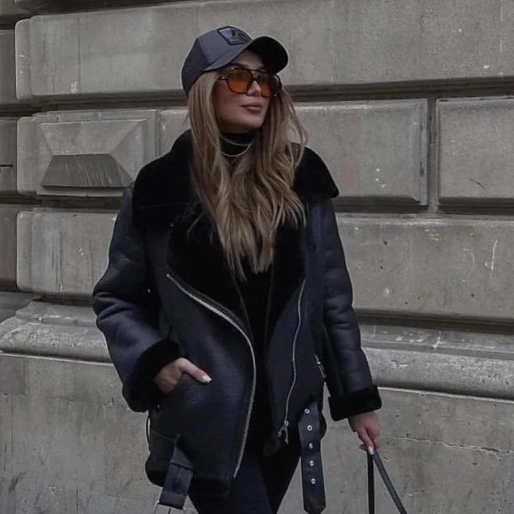 Faux Fur Jacket with Belt Streetwear Female Moto Biker Loose Thicken