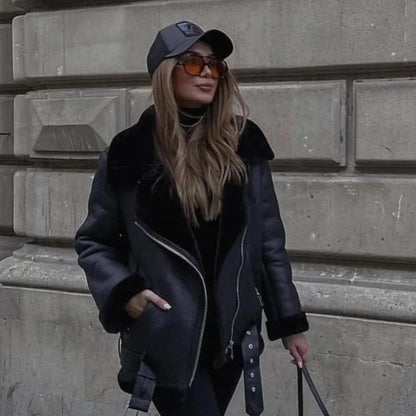 Faux Fur Jacket with Belt Streetwear Female Moto Biker Loose Thicken