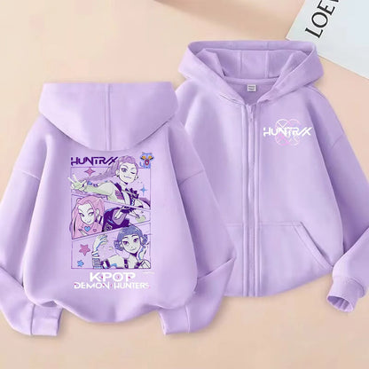 KPop Demon Hunters Zipper Hoodie Cartoon Girls Coat Fashion Thin Clothes Purple Autumn Hoodie Jacket Kids Anime Sweatshirt Gift