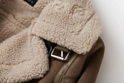 Faux Shearling Sheepskin Leather Jackets Lady Thick Warm Suede Lambs Motorcycle Brown Coats Mujer Chaqueta