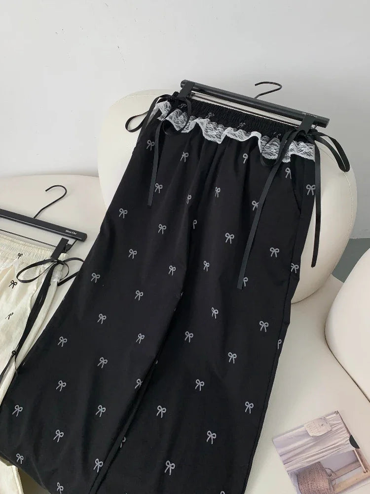 Baggy Sweet Bow Elastic Waist Aesthetic Versatile Jogger Wide Leg Pantalones Mujer