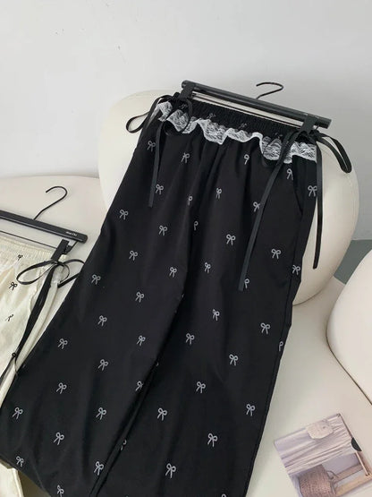 Baggy Sweet Bow Elastic Waist Aesthetic Versatile Jogger Wide Leg Pantalones Mujer