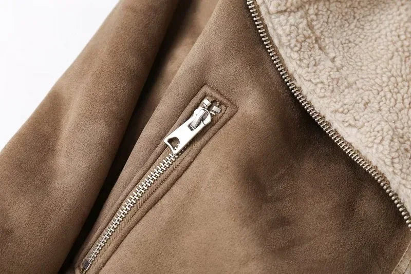 Faux Shearling Sheepskin Leather Jackets Lady Thick Warm Suede Lambs Motorcycle Brown Coats Mujer Chaqueta